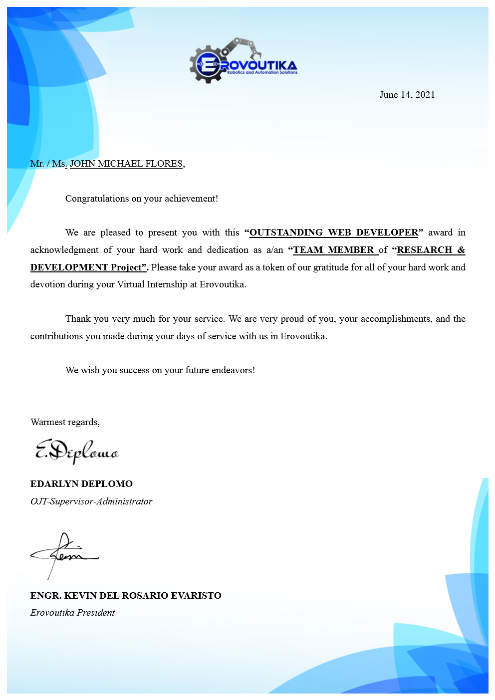 Erovoutika Outstanding Web Developer award letter