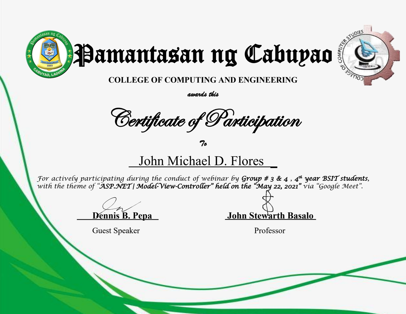 Pamantasan ng Cabuyao ASP.NET MVC Certificate of Participation