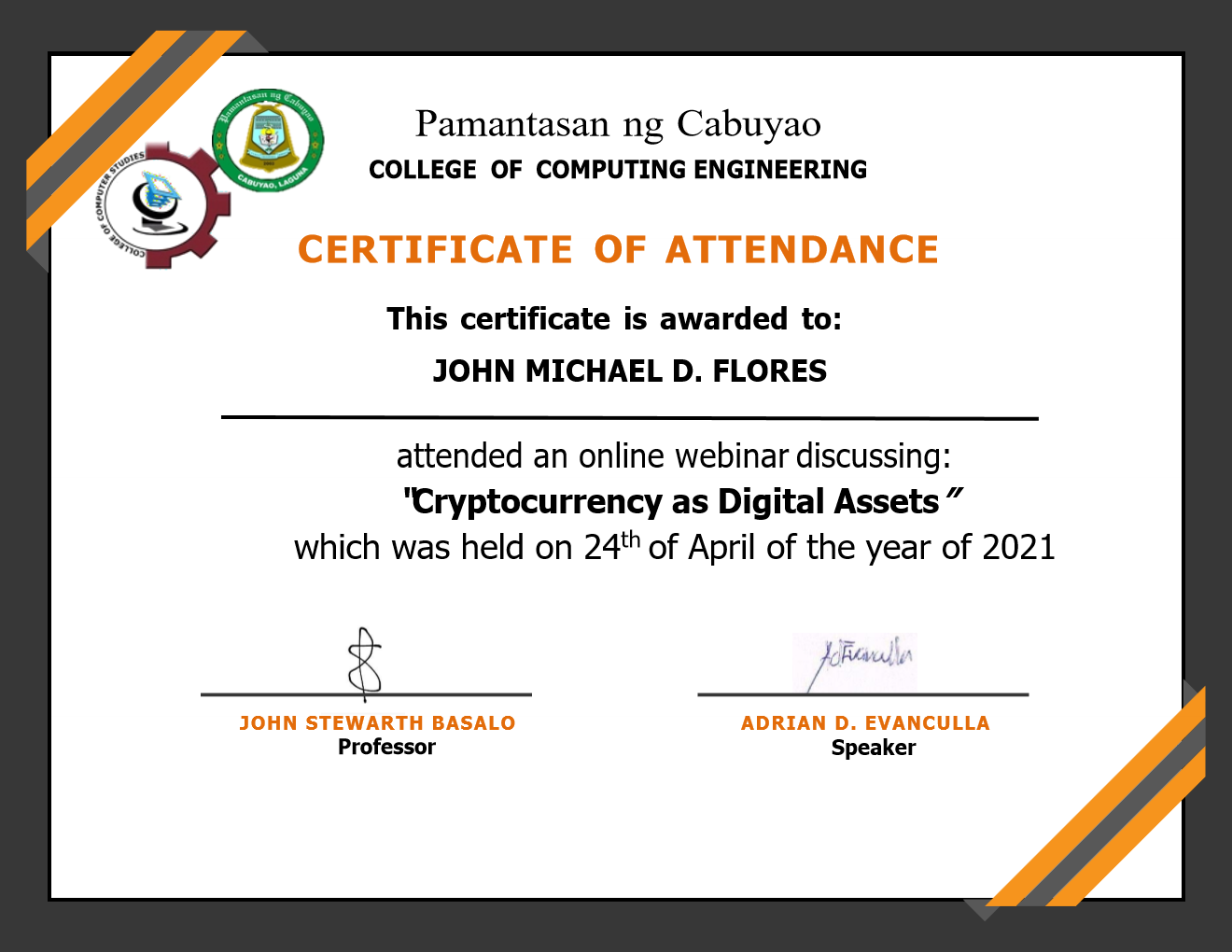 Pamantasan ng Cabuyao Cryptocurrency as Digital Assets Certificate of Attendance