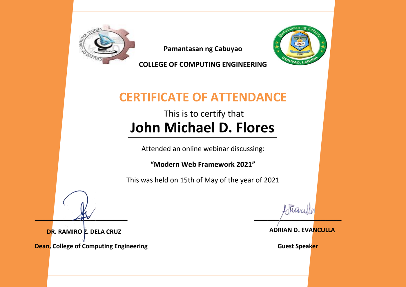 Pamantasan ng Cabuyao Modern Web Framework Certificate of Attendance